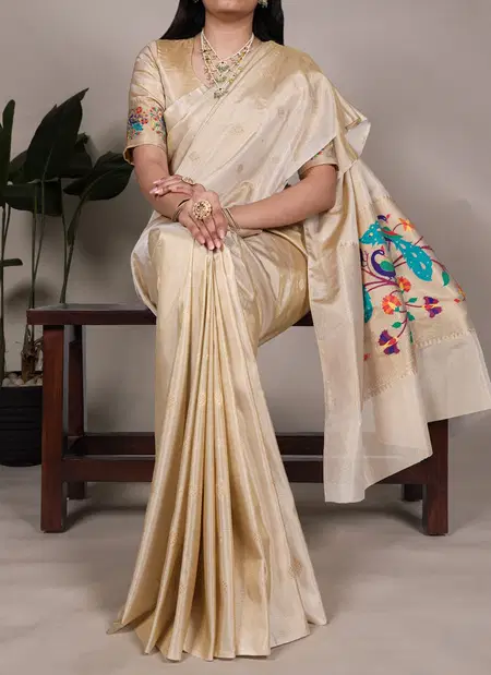 Cream Colour Tissue Paithani With Zari Weaving Work Sarees Wholesalers In Delhi YNF7905 